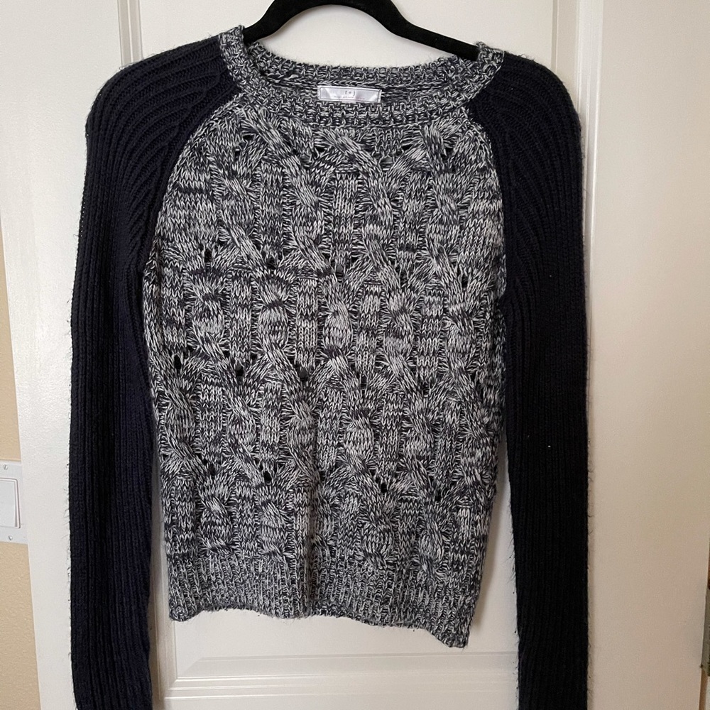 Blue and white sweater with navy blue sleeves